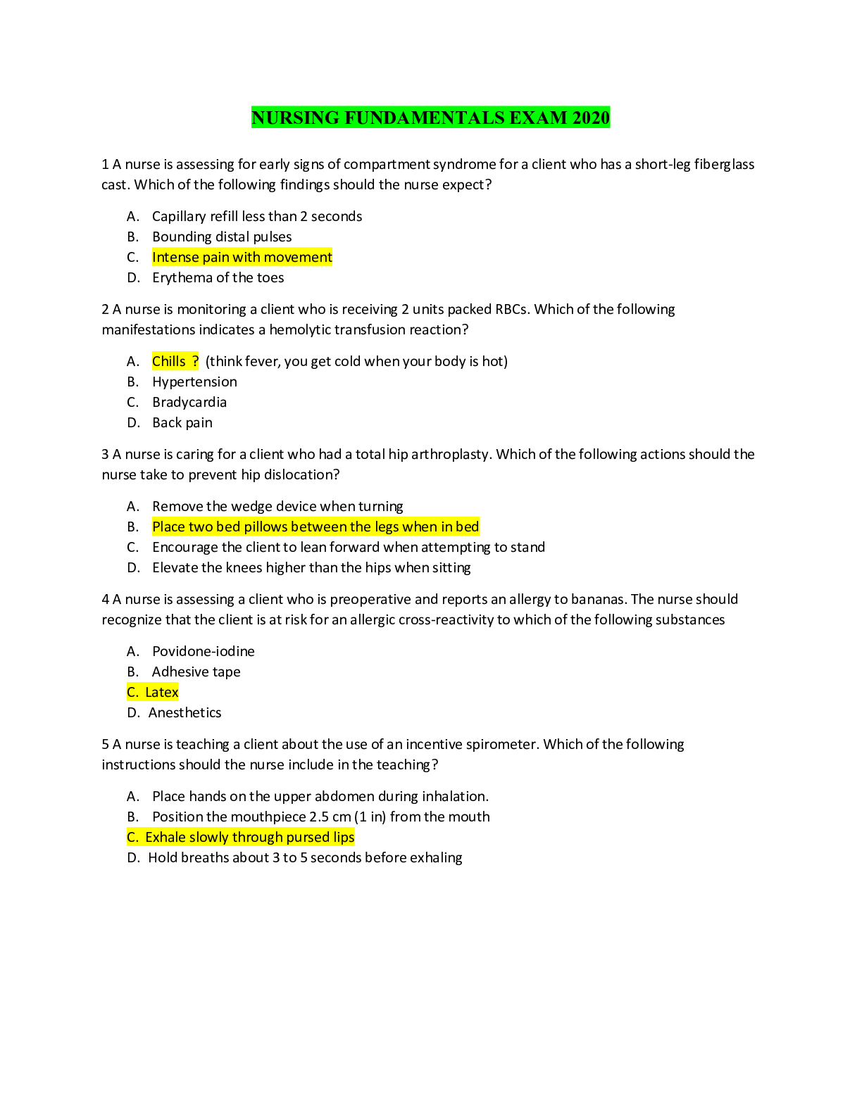 Preview image of NURSING FUNDAMENTALS EXAM 2020 document